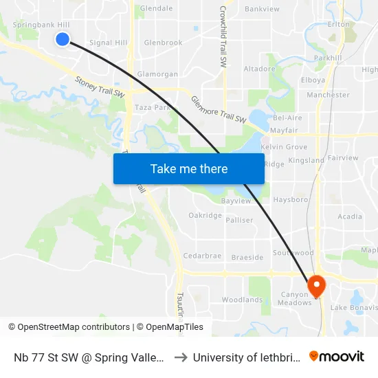 Nb 77 St SW @ Spring Valley Wy to University of lethbridge map