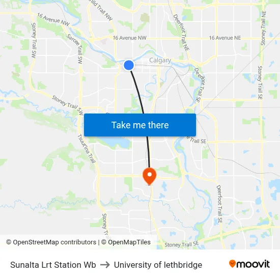 Sunalta Lrt Station Wb to University of lethbridge map