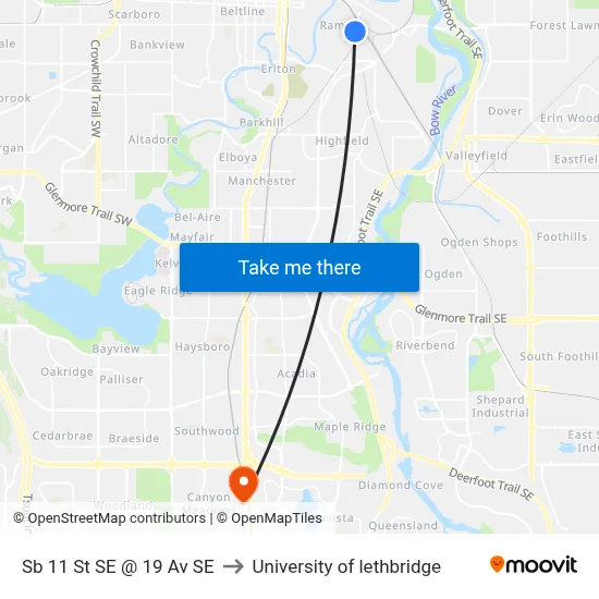 Sb 11 St SE @ 19 Av SE to University of lethbridge map