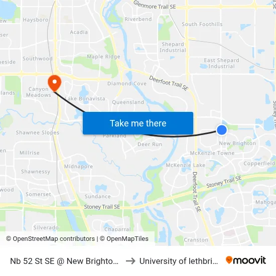 Nb 52 St SE @ New Brighton Dr to University of lethbridge map