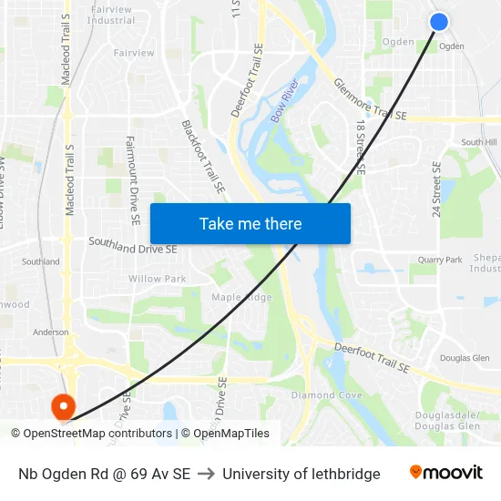 Nb Ogden Rd @ 69 Av SE to University of lethbridge map
