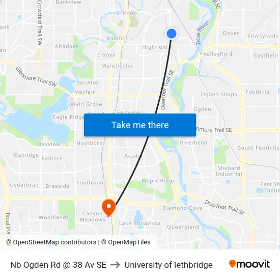 Nb Ogden Rd @ 38 Av SE to University of lethbridge map