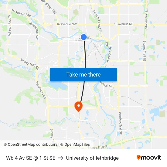 Wb 4 Av SE @ 1 St SE to University of lethbridge map