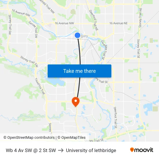 Wb 4 Av SW @ 2 St SW to University of lethbridge map