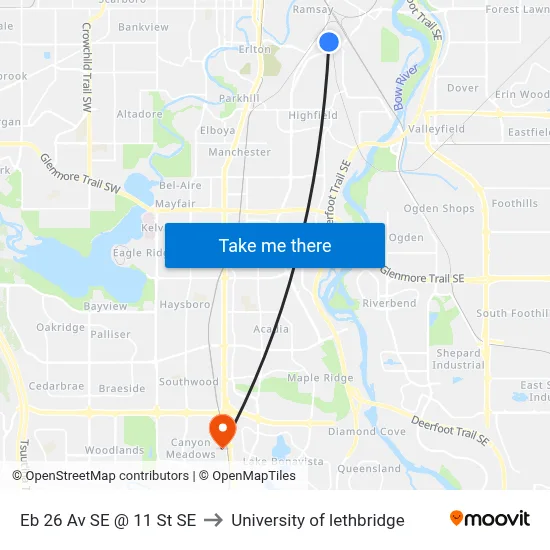 Eb 26 Av SE @ 11 St SE to University of lethbridge map