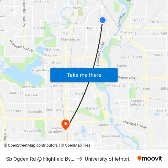 Sb Ogden Rd @ Highfield Bv SE to University of lethbridge map