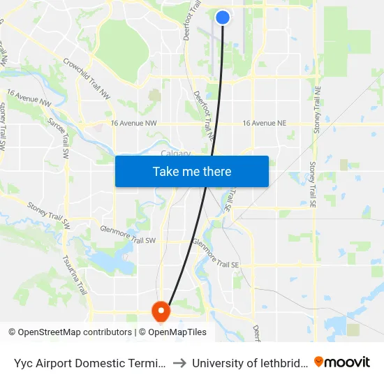 Yyc Airport Domestic Terminal to University of lethbridge map