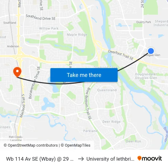 Wb 114 Av SE (Wbay) @ 29 St SE to University of lethbridge map