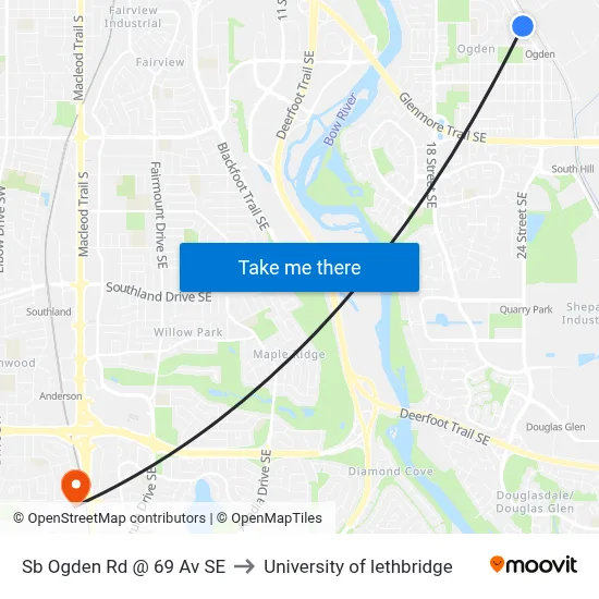 Sb Ogden Rd @ 69 Av SE to University of lethbridge map