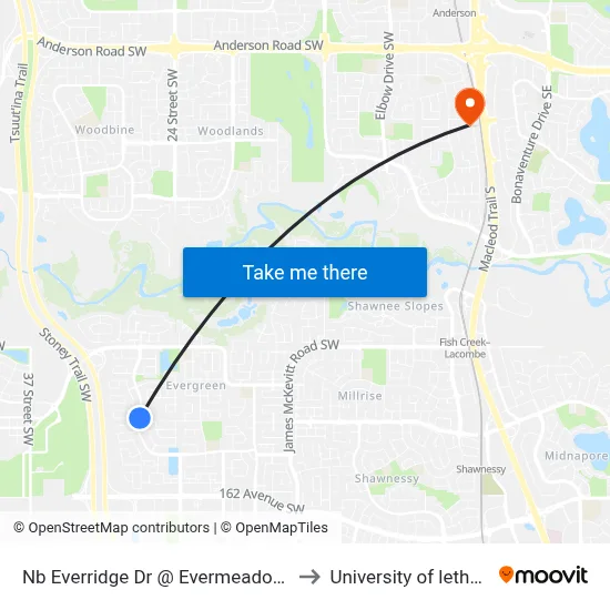Nb  Everridge Dr @ Evermeadow Av SW to University of lethbridge map