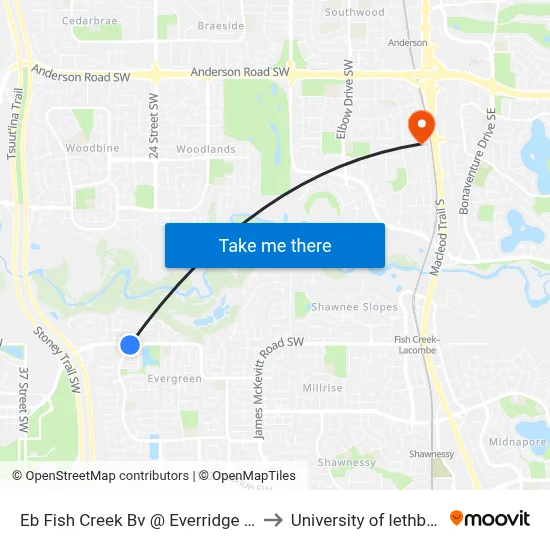 Eb  Fish Creek  Bv @ Everridge Dr SW to University of lethbridge map