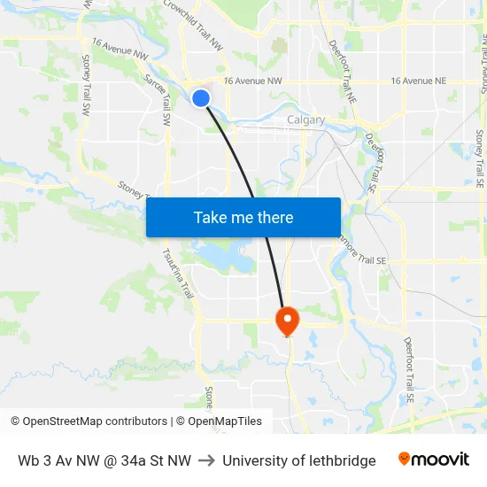 Wb 3 Av NW @ 34a St NW to University of lethbridge map