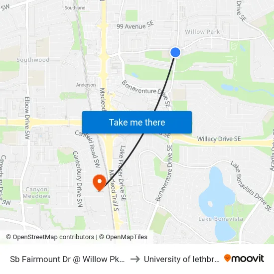 Sb Fairmount Dr @ Willow Pk Dr SE to University of lethbridge map