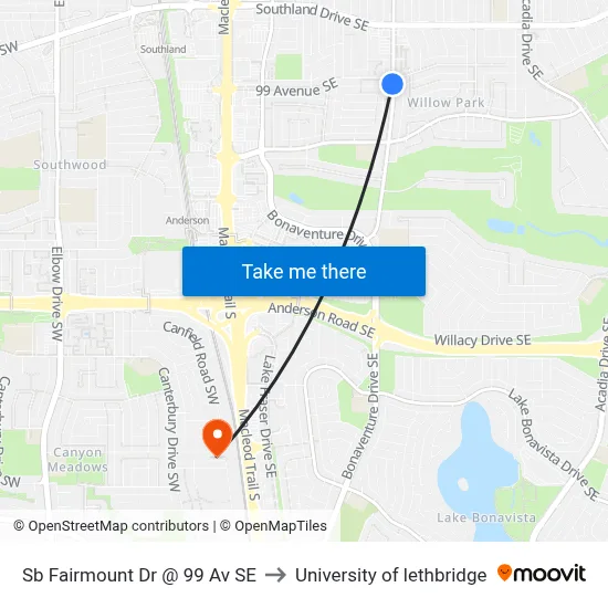 Sb Fairmount Dr @ 99 Av SE to University of lethbridge map