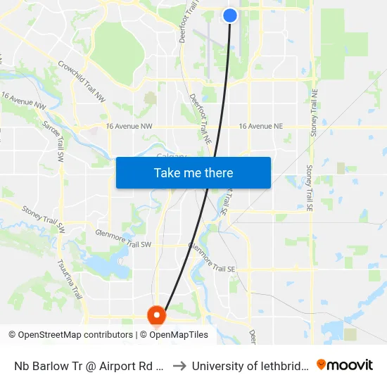 Nb Barlow Tr @ Airport Rd NE to University of lethbridge map