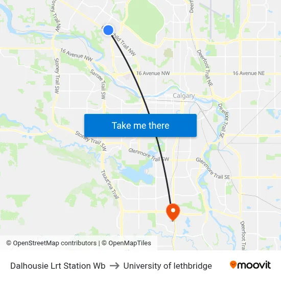 Dalhousie Lrt Station Wb to University of lethbridge map