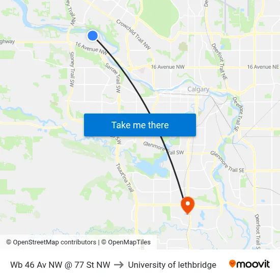 Wb 46 Av NW @ 77 St NW to University of lethbridge map