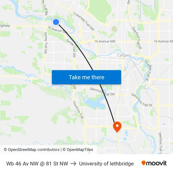 Wb 46 Av NW @ 81 St NW to University of lethbridge map