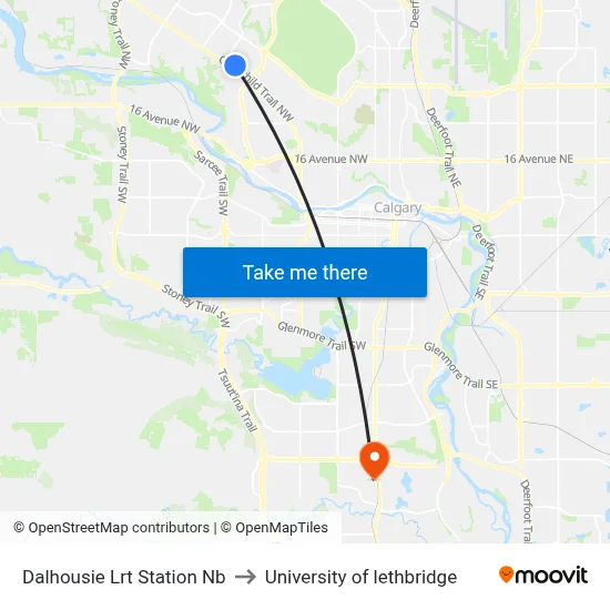 Dalhousie Lrt Station Nb to University of lethbridge map
