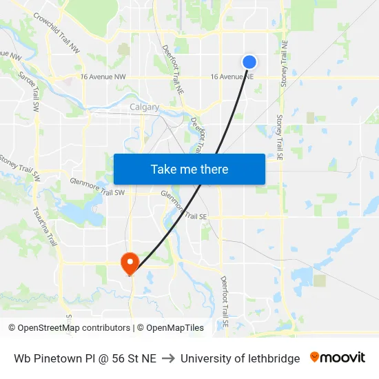 Wb Pinetown Pl @ 56 St NE to University of lethbridge map