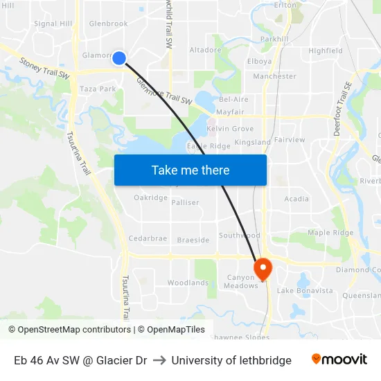Eb 46 Av SW @ Glacier Dr to University of lethbridge map