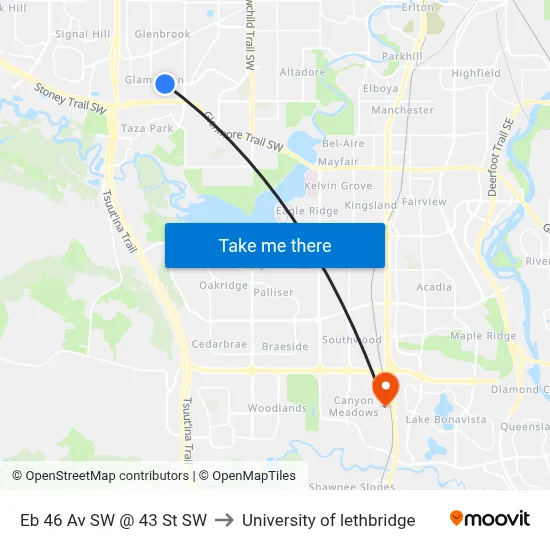 Eb 46 Av SW @ 43 St SW to University of lethbridge map