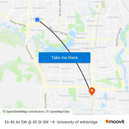 Eb 46 Av SW @ 45 St SW to University of lethbridge map