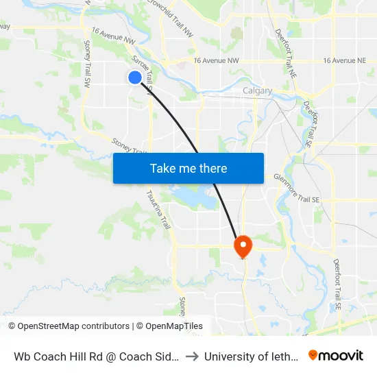 Wb Coach Hill Rd @ Coach Side Rd SW to University of lethbridge map