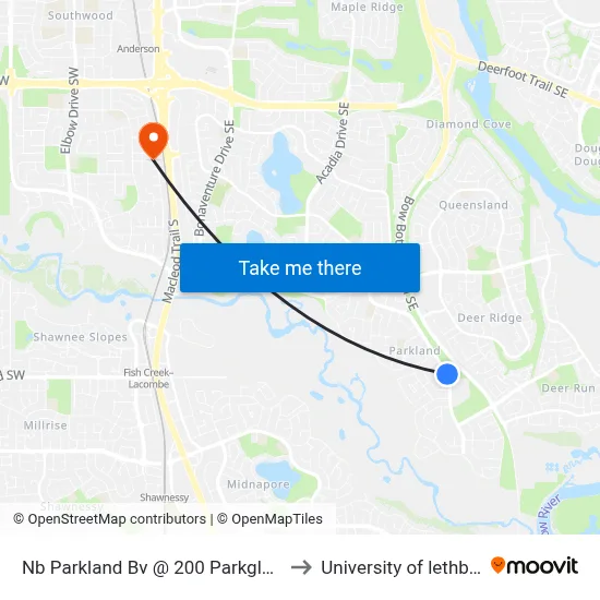 Nb Parkland Bv @ 200 Parkglen Pl SE to University of lethbridge map