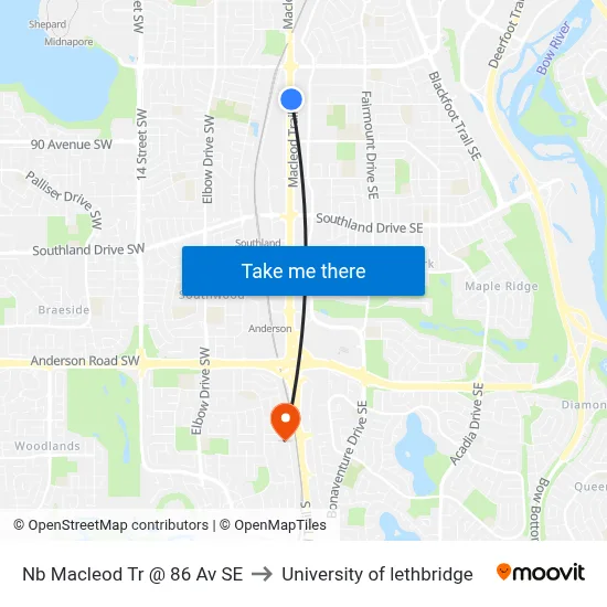 Nb Macleod Tr @ 86 Av SE to University of lethbridge map