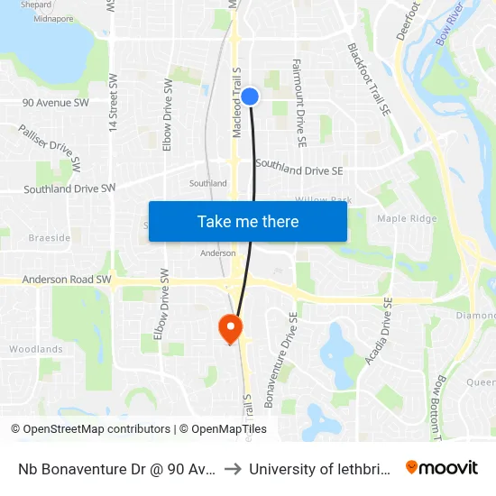 Nb Bonaventure Dr @ 90 Av SE to University of lethbridge map