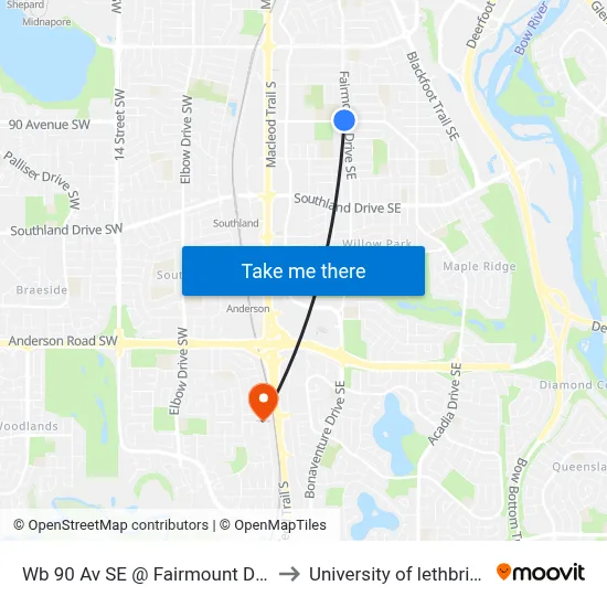 Wb 90 Av SE @ Fairmount Dr SE to University of lethbridge map