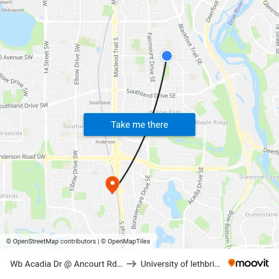 Wb Acadia Dr @ Ancourt Rd SE to University of lethbridge map
