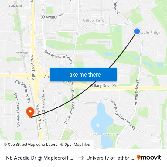 Nb Acadia Dr @ Maplecroft Rd SE to University of lethbridge map