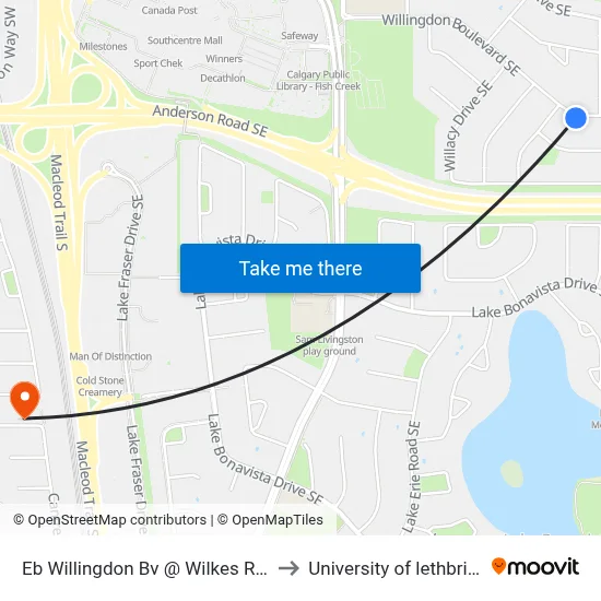 Eb Willingdon Bv @ Wilkes Rd SE to University of lethbridge map