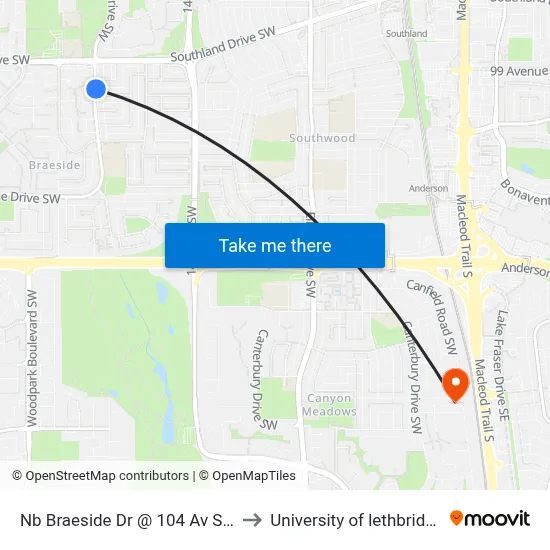 Nb Braeside Dr @ 104 Av SW to University of lethbridge map