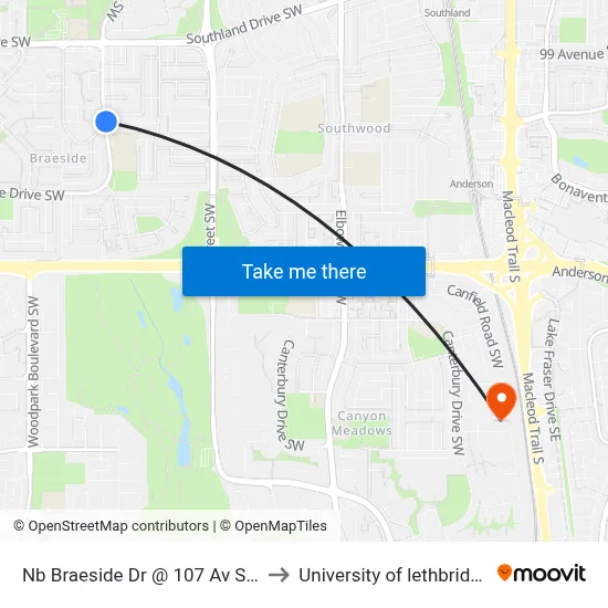 Nb Braeside Dr @ 107 Av SW to University of lethbridge map