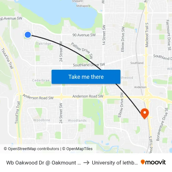 Wb Oakwood Dr @ Oakmount Wy SW to University of lethbridge map