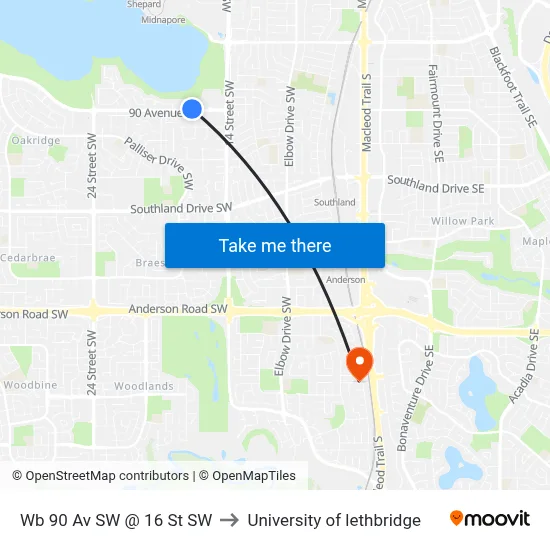Wb 90 Av SW @ 16 St SW to University of lethbridge map