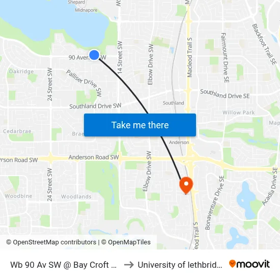Wb 90 Av SW @ Bay Croft Rd to University of lethbridge map