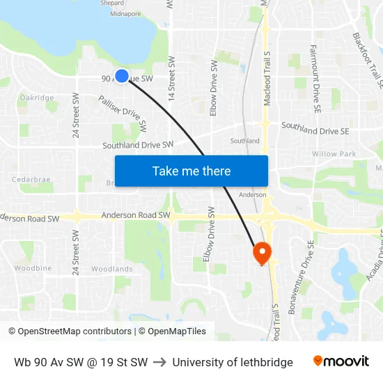 Wb 90 Av SW @ 19 St SW to University of lethbridge map