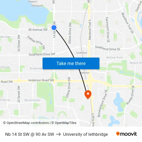 Nb 14 St SW @ 90 Av SW to University of lethbridge map