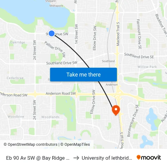 Eb 90 Av SW @ Bay Ridge Dr to University of lethbridge map