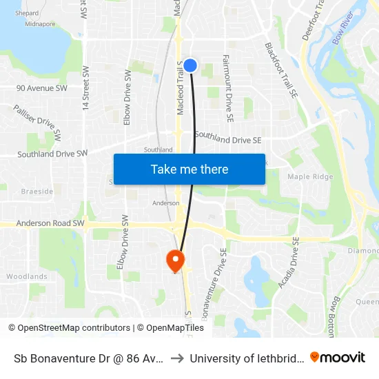 Sb Bonaventure Dr @ 86 Av SE to University of lethbridge map