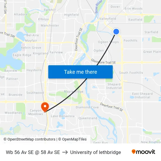 Wb 56 Av SE @ 58 Av SE to University of lethbridge map