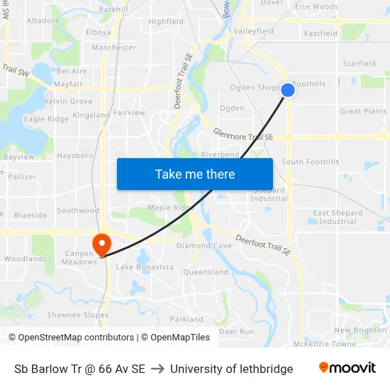 Sb Barlow Tr @ 66 Av SE to University of lethbridge map