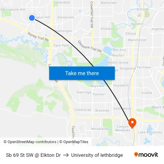 Sb 69 St SW @ Elkton Dr to University of lethbridge map