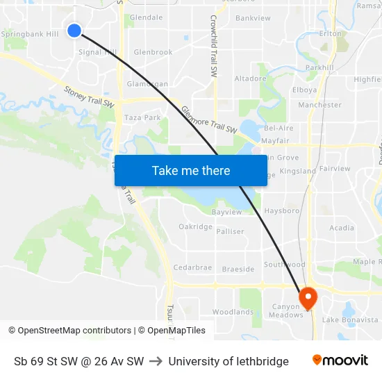 Sb 69 St SW @ 26 Av SW to University of lethbridge map