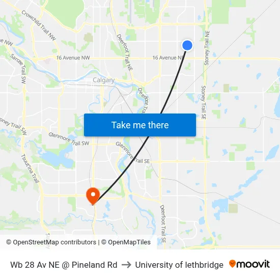 Wb 28 Av NE @ Pineland Rd to University of lethbridge map