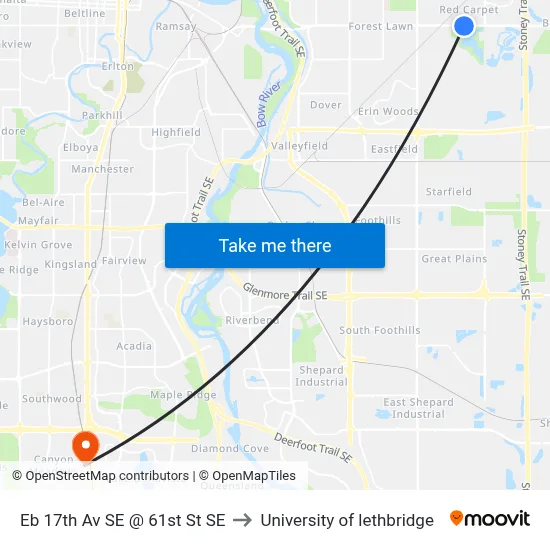 Eb 17th Av SE @ 61st St SE to University of lethbridge map
